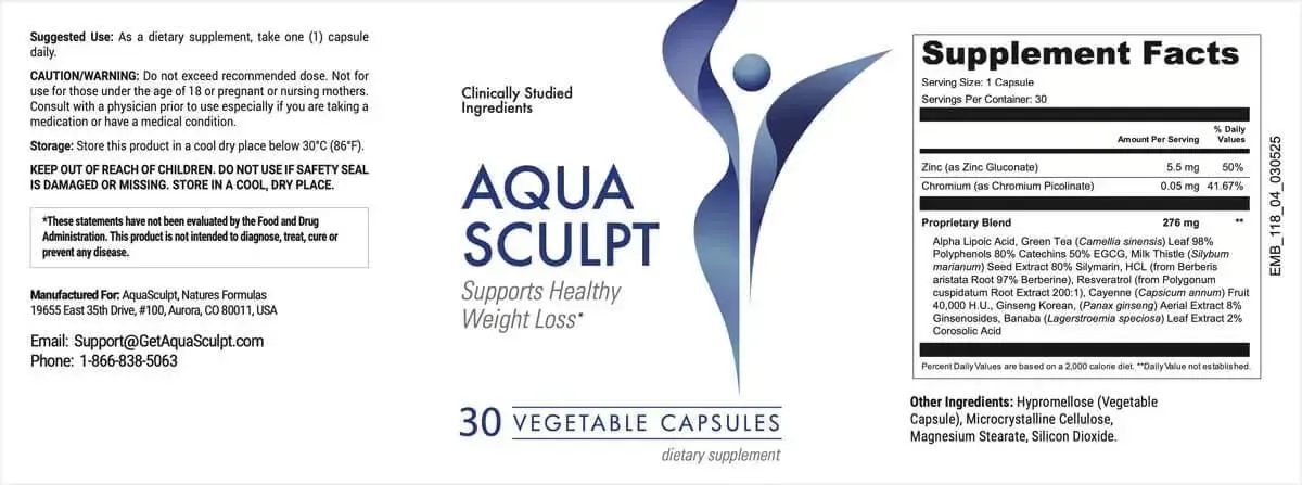 AquaSculpt Supplement Facts Label with Natural Ingredients